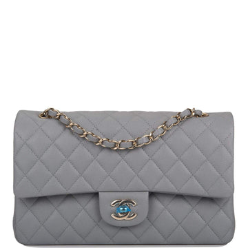 Chanel Shiny Grey Quilted Caviar Medium Classic Double Flap Bag Light Gold Hardware - Free Shipping USA
