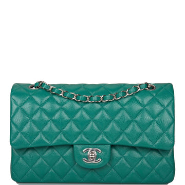 Chanel Shiny Green Quilted Caviar Medium Classic Double Flap Bag Silver Hardware - Free Shipping USA