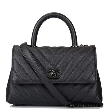 Chanel SO Black Chevron Caviar Mini Coco Handle Flap Bag Black Hardware - Free Shipping USA