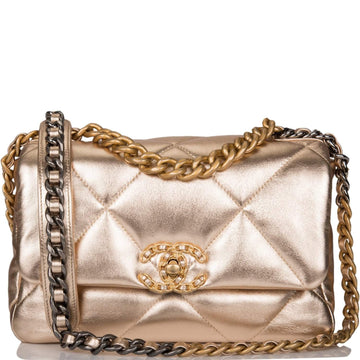 Chanel Gold Metallic Quilted Lambskin Medium 19 Flap Bag Mixed Hardware - Free Shipping USA