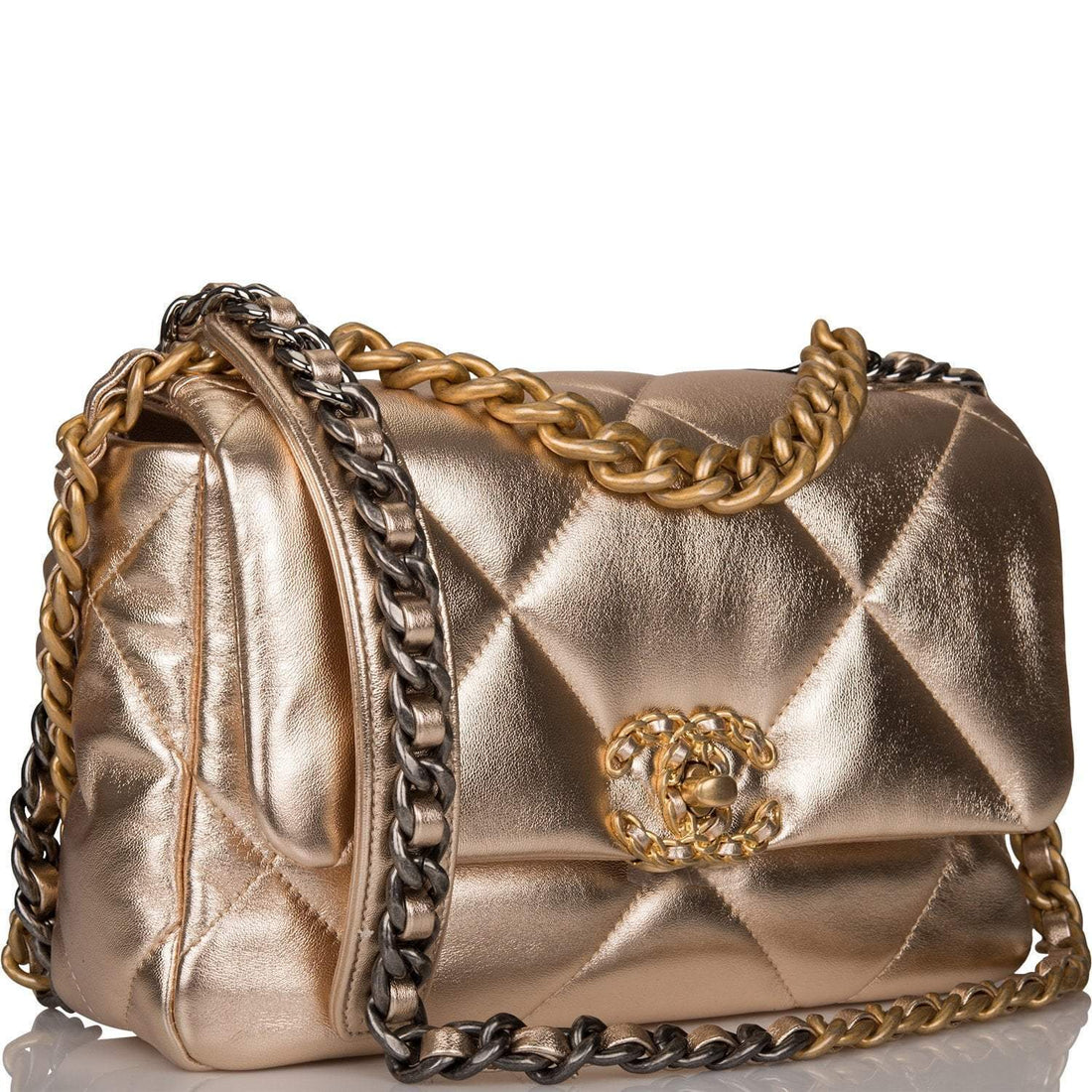 Chanel Gold Metallic Quilted Lambskin Medium 19 Flap Bag Mixed Hardware - Free Shipping USA