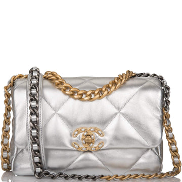 Chanel Silver Metallic Quilted Lambskin Medium 19 Flap Bag Mixed Hardware - Free Shipping USA