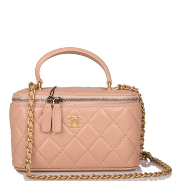 Chanel Beige Quilted Lambskin Small Top Handle Vanity Bag Antique Gold Hardware - Free Shipping USA