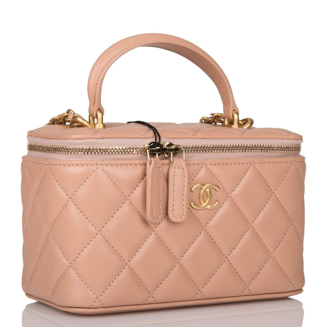 Chanel Beige Quilted Lambskin Small Top Handle Vanity Bag Antique Gold Hardware - Free Shipping USA