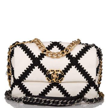Chanel White and Black Crochet Quilted Calfskin Medium 19 Flap Bag Mixed Hardware - Free Shipping USA