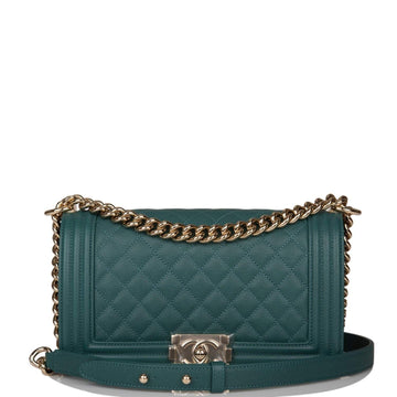 Chanel Green Quilted Caviar Medium Boy Bag Light Gold Hardware - Free Shipping USA