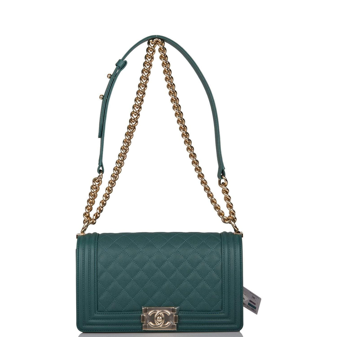 Chanel Green Quilted Caviar Medium Boy Bag Light Gold Hardware - Free Shipping USA