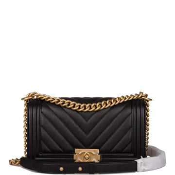 Chanel Medium Boy Bag Black Chevron Caviar Antique Gold Hardware - Free Shipping USA
