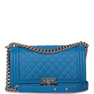 Chanel Medium Boy Bag Blue Calfskin Silver Hardware - Free Shipping USA