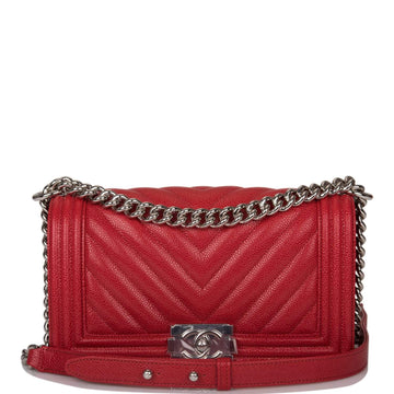 Chanel Red Chevron Caviar Medium Boy Bag Silver Hardware - Free Shipping USA