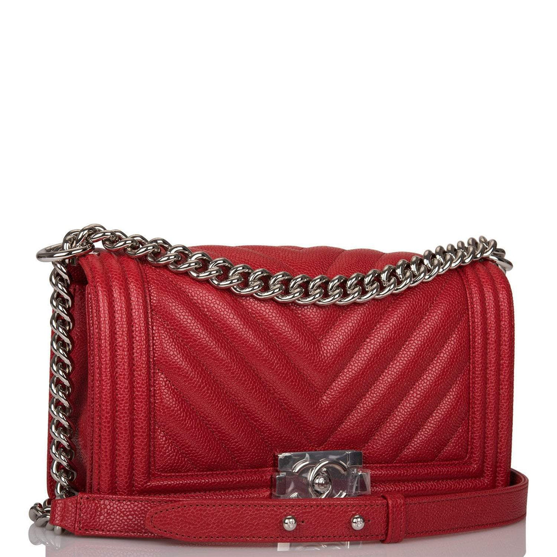 Chanel Red Chevron Caviar Medium Boy Bag Silver Hardware - Free Shipping USA