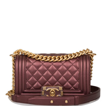 Chanel Plum Metallic Quilted Calfskin Small Boy Bag Antique Gold Hardware - Free Shipping USA