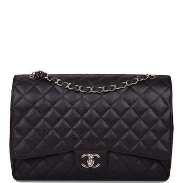 Chanel Black Quilted Caviar Maxi Classic Double Flap Bag Silver Hardware - Free Shipping USA