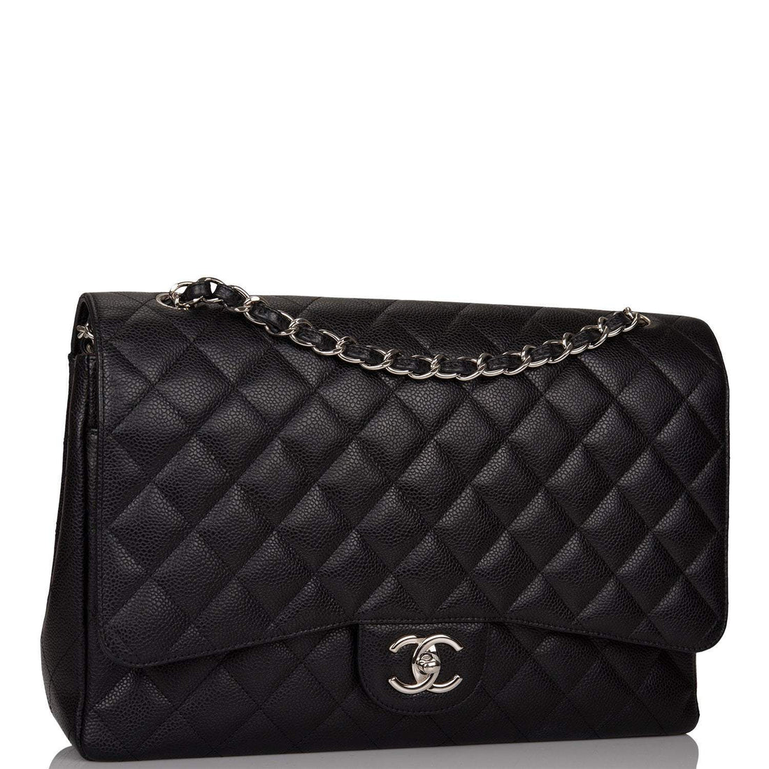 Chanel Black Quilted Caviar Maxi Classic Double Flap Bag Silver Hardware - Free Shipping USA