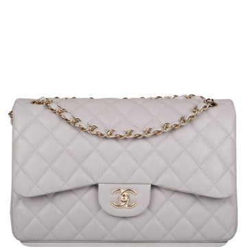 Chanel Light Grey Quilted Caviar Jumbo Classic Double Flap Bag Light Gold Hardware - Free Shipping USA