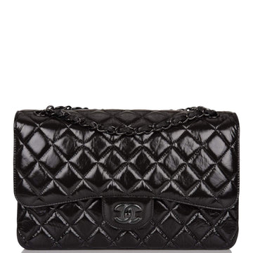 Chanel SO Black Shiny Crumpled Calfskin Jumbo Classic Double Flap Bag Black Hardware - Free Shipping USA