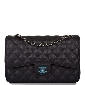 Chanel Black Quilted Caviar Jumbo Classic Double Flap Bag Silver Hardware - Free Shipping USA