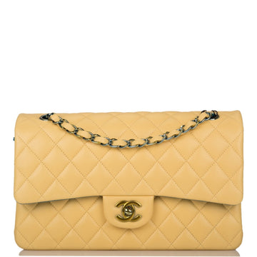 Chanel Yellow Quilted Lambskin Medium Classic Double Flap Bag Rainbow Hardware - Free Shipping USA