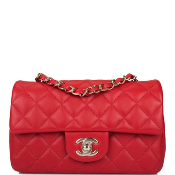 Chanel Red Quilted Lambskin Rectangular Mini Classic Flap Bag Light Gold Hardware - Free Shipping USA