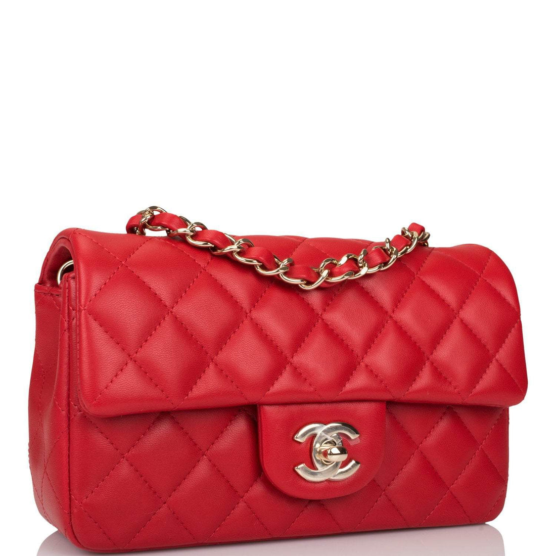 Chanel Red Quilted Lambskin Rectangular Mini Classic Flap Bag Light Gold Hardware - Free Shipping USA