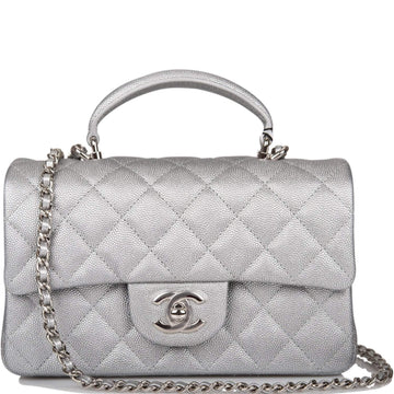 Chanel Silver Metallic Quilted Caviar Rectangular Mini Flap Bag with Top Handle Silver Hardware - Free Shipping USA