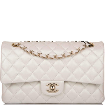 Chanel White Iridescent Quilted Lambskin Medium Classic Double Flap Bag Light Gold Hardware - Free Shipping USA