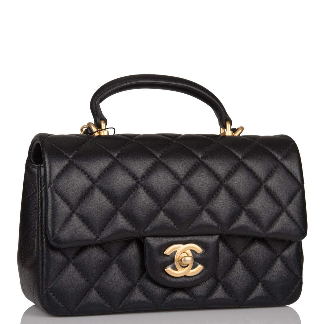 Chanel Black Quilted Lambskin Rectangular Mini Flap Bag with Top Handle Antique Gold Hardware - Free Shipping USA