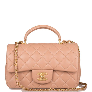 Chanel Mini Rectangular Flap with Top Handle Beige Lambskin Antique Gold Hardware - Free Shipping USA