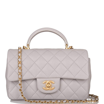 Chanel Grey Quilted Lambskin Rectangular Mini Flap Bag with Top Handle Antique Gold Hardware - Free Shipping USA