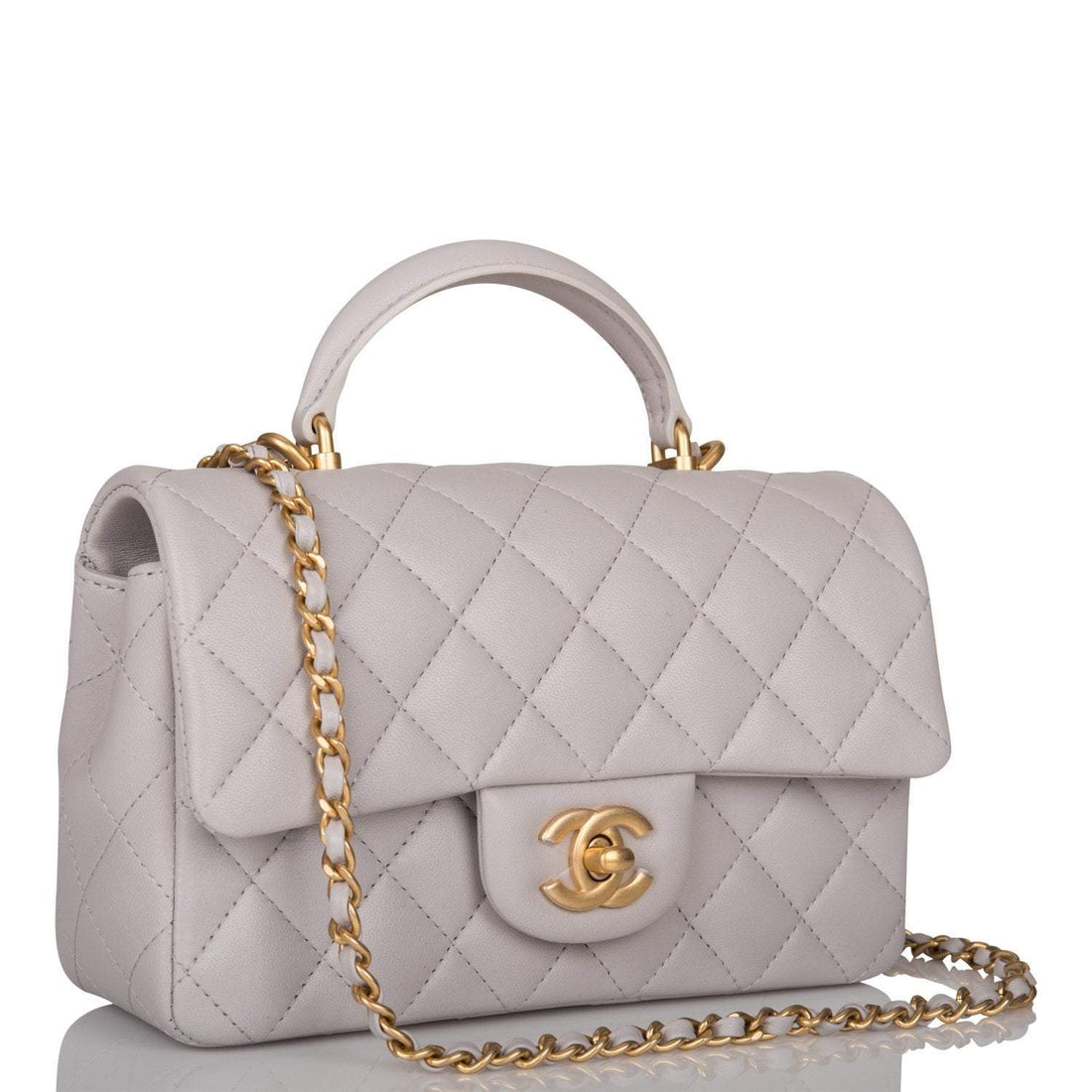 Chanel Grey Quilted Lambskin Rectangular Mini Flap Bag with Top Handle Antique Gold Hardware - Free Shipping USA