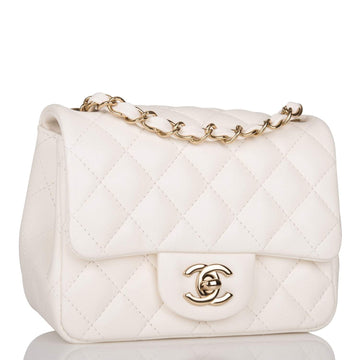 Chanel White Quilted Lambskin Square Mini Classic Flap Bag Light Gold Hardware - Free Shipping USA