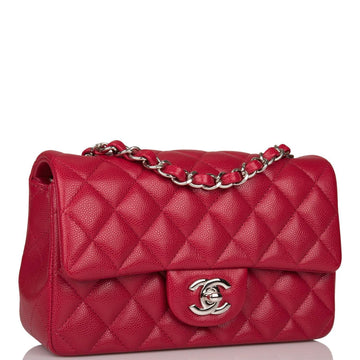 Chanel Mini Rectangular Flap Bag Red Caviar Silver Hardware - Free Shipping USA