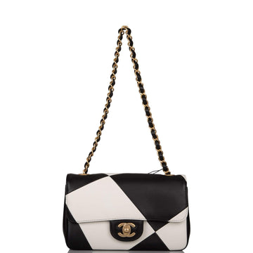 Chanel White and Black Geometric Lambskin Rectangular Mini Classic Flap Bag Antique Gold Hardware - Free Shipping USA