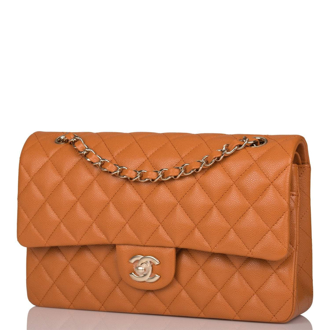 Chanel Caramel Brown Quilted Caviar Medium Classic Double Flap Bag Light Gold Hardware - Free Shipping USA