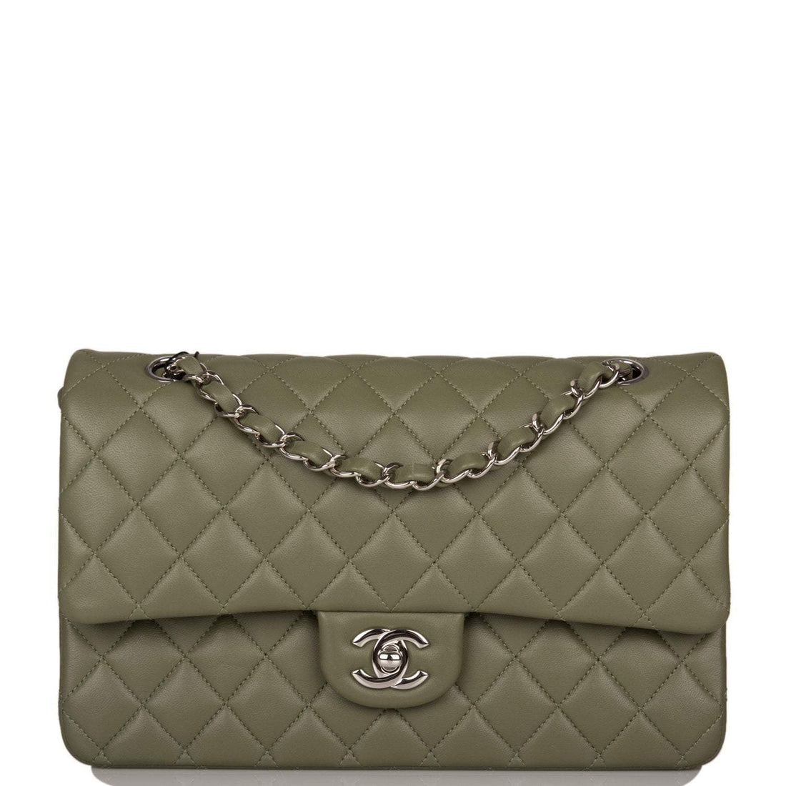 Chanel Green Quilted Lambskin Medium Classic Double Flap Bag Silver Hardware - Free Shipping USA
