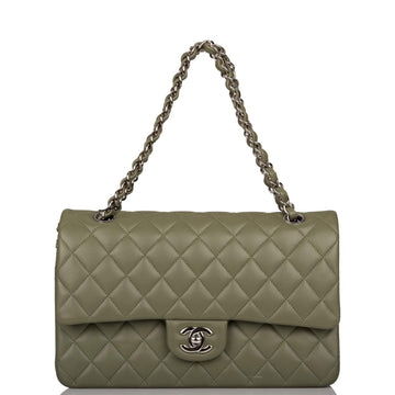 Chanel Green Quilted Lambskin Medium Classic Double Flap Bag Silver Hardware - Free Shipping USA