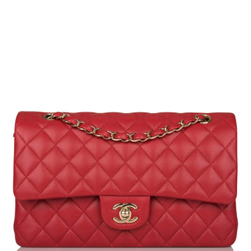 Chanel Medium Classic Double Flap Bag Red Lambskin Light Gold Hardware - Free Shipping USA