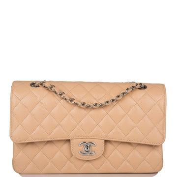 Chanel Medium Classic Double Flap Bag Beige Quilted Caviar Silver Hardware - Free Shipping USA