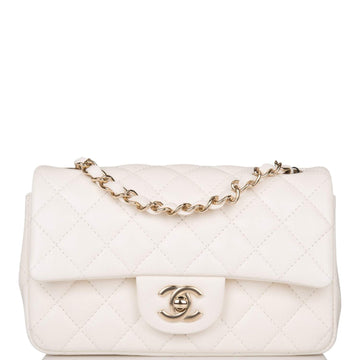 Chanel White Quilted Lambskin Rectangular Mini Classic Flap Bag Light Gold Hardware - Free Shipping USA