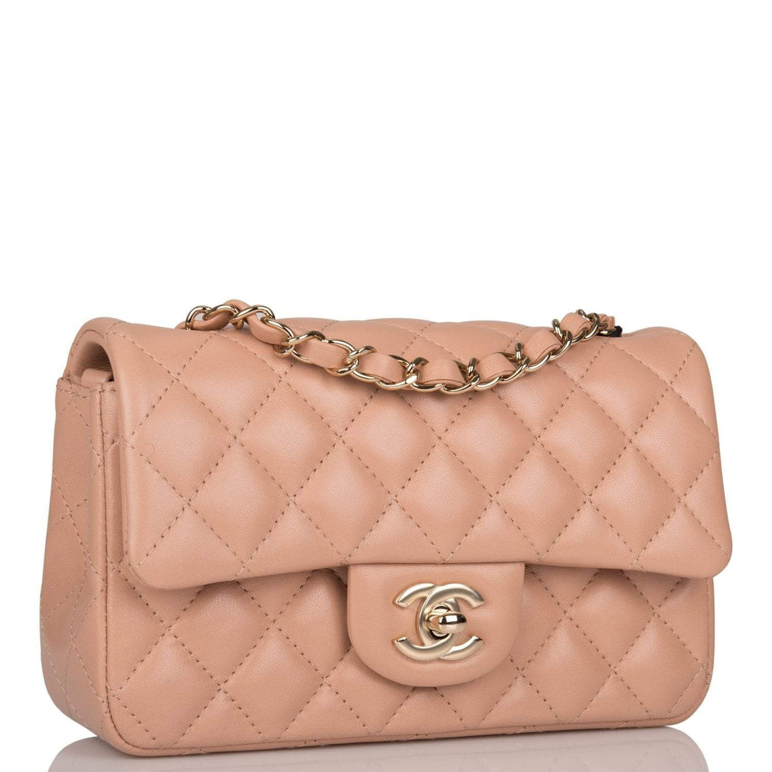 Chanel Beige Quilted Lambskin Rectangular Mini Classic Flap Bag Light Gold Hardware - Free Shipping USA