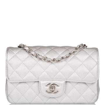 Chanel Mini Rectangular Flap Bag Silver Metallic Lambskin Silver Hardware - Free Shipping USA