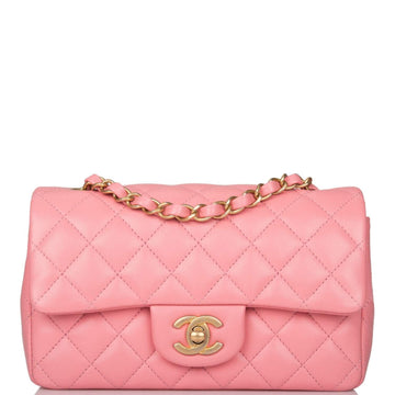 Chanel Pink Quilted Lambskin Rectangular Mini Classic Flap Bag Antique Gold Hardware - Free Shipping USA