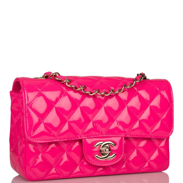 Chanel Pink Quilted Patent Rectangular Mini Classic Flap Bag Light Gold Hardware - Free Shipping USA