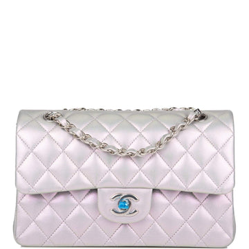Chanel Small Classic Double Flap Bag Silver Iridescent Lambskin Silver Hardware - Free Shipping USA