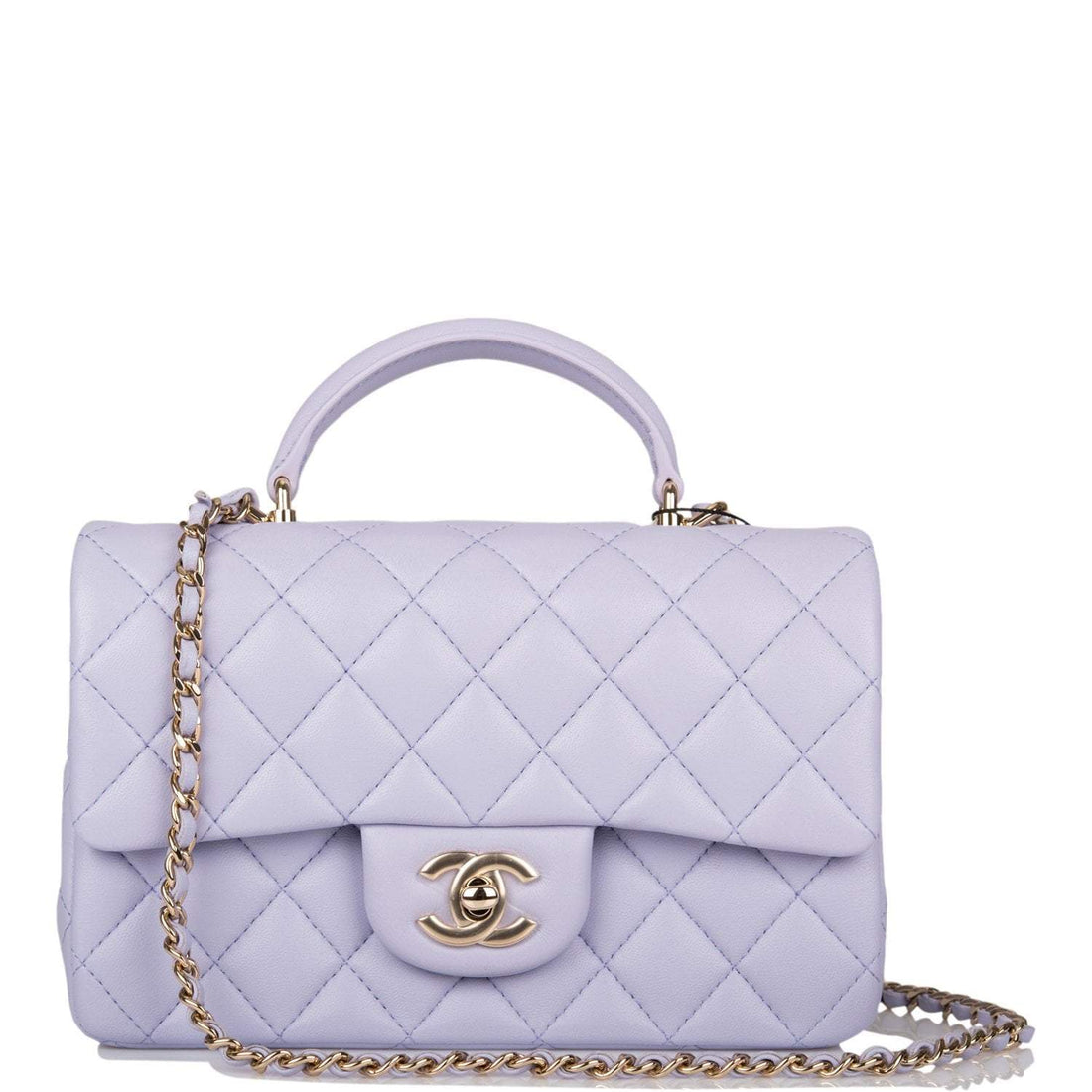 Chanel Rectangular Mini Flap Bag with Top Handle Lavender Quilted Lambskin Light Gold Hardware - Free Shipping USA