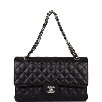 Chanel Medium Classic Double Flap Bag Black Quilted Caviar Silver Hardware - Free Shipping USA