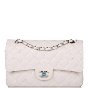Chanel White Quilted Caviar Medium Classic Double Flap Bag Silver Hardware - Free Shipping USA