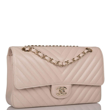 Chanel Shiny Beige Chevron Caviar Medium Classic Double Flap Bag Light Gold Hardware - Free Shipping USA