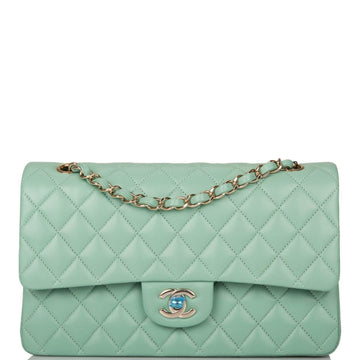 Chanel Light Green Quilted Lambskin Medium Classic Double Flap Bag Light Gold Hardware - Free Shipping USA