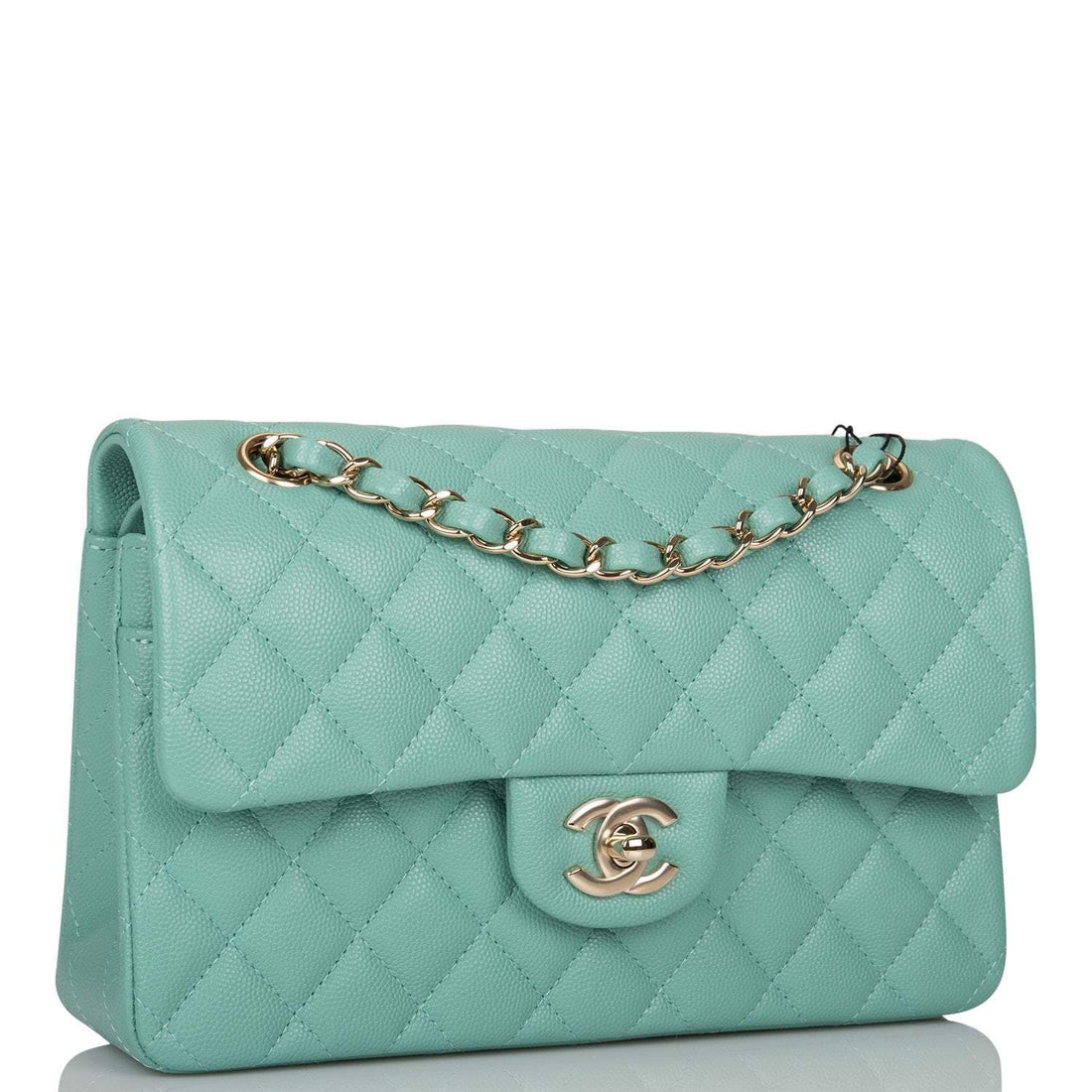Chanel Light Green Quilted Caviar Small Classic Double Flap Bag Light Gold Hardware - Free Shipping USA